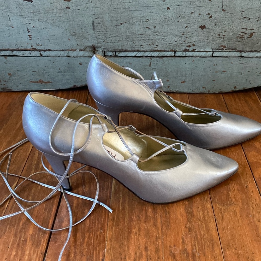 Proxy Silver Pumps with Ankle Tie/Ankle Wrap